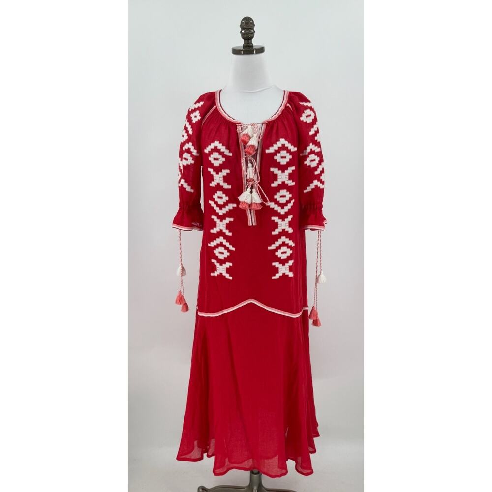 March 11 Womens Red Linen Embroidered Long Dress Sz S NWOT